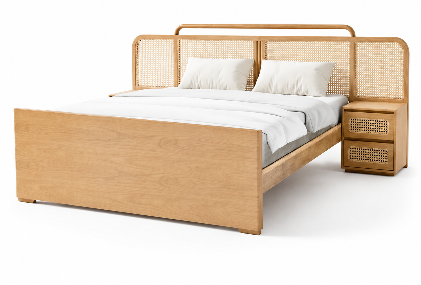 Cane Headboard Oak Bed with Curved Rail – handcrafted oak bed by Cavalry Lane – view 2