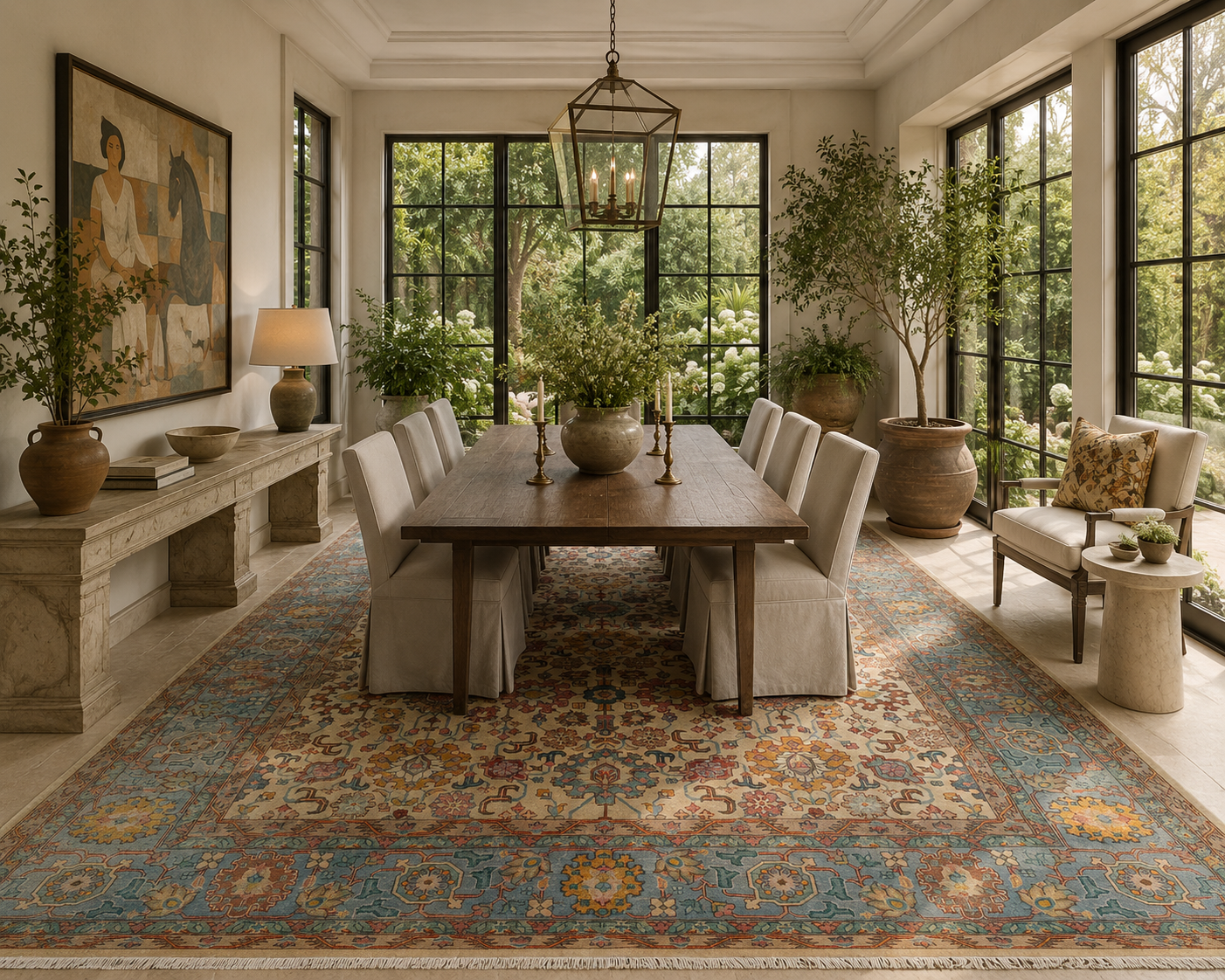 Handwoven Persian Heriz Carpet in Ivory, Sky Blue & Saffron