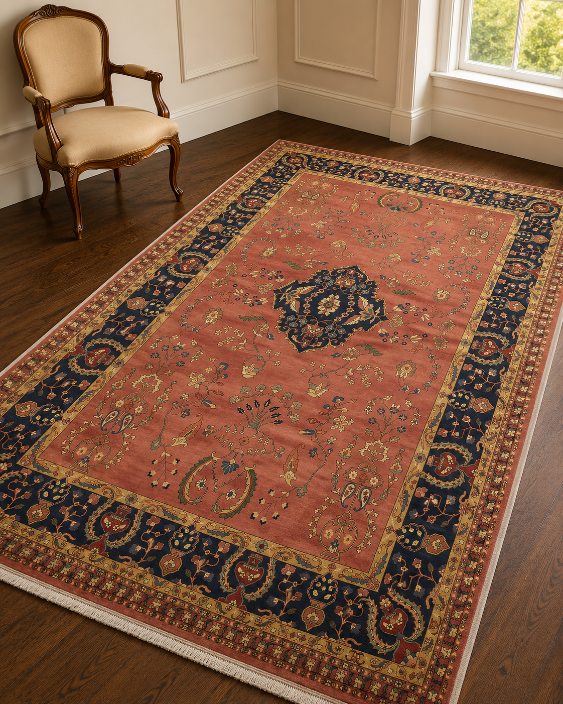 Persian Sarouk Carpet in Terracotta & Navy Wool – handwoven Persian Sarouk carpet by Cavalry Lane