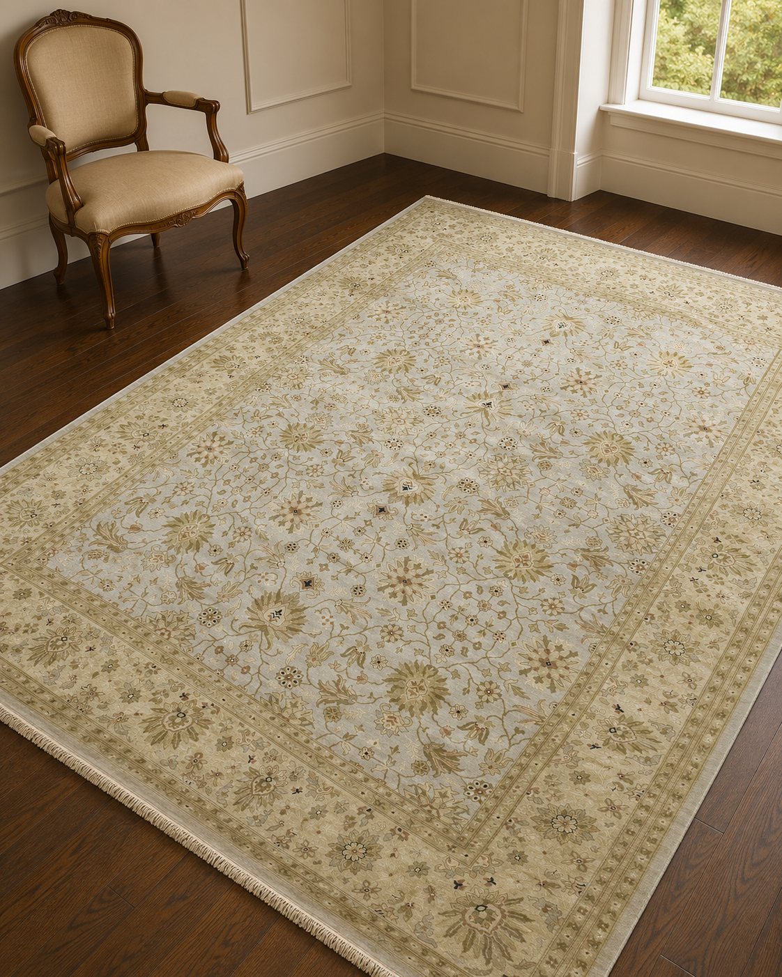 Handwoven Oushak Style Carpet in Ivory & Ice – hand-knotted Oushak rug by Cavalry Lane