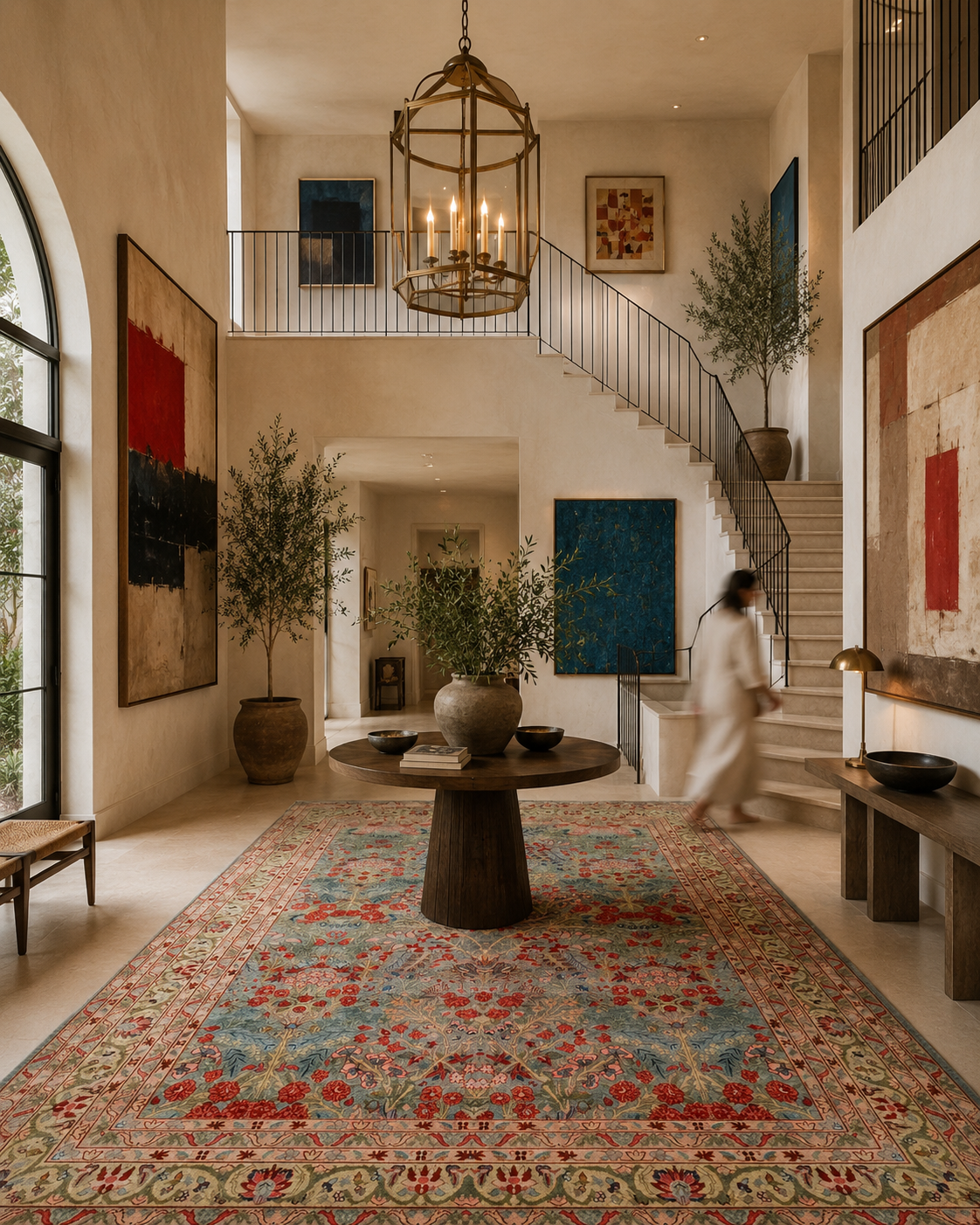 Persian Tabriz Floral Carpet in Sky Blue & Pomegranate