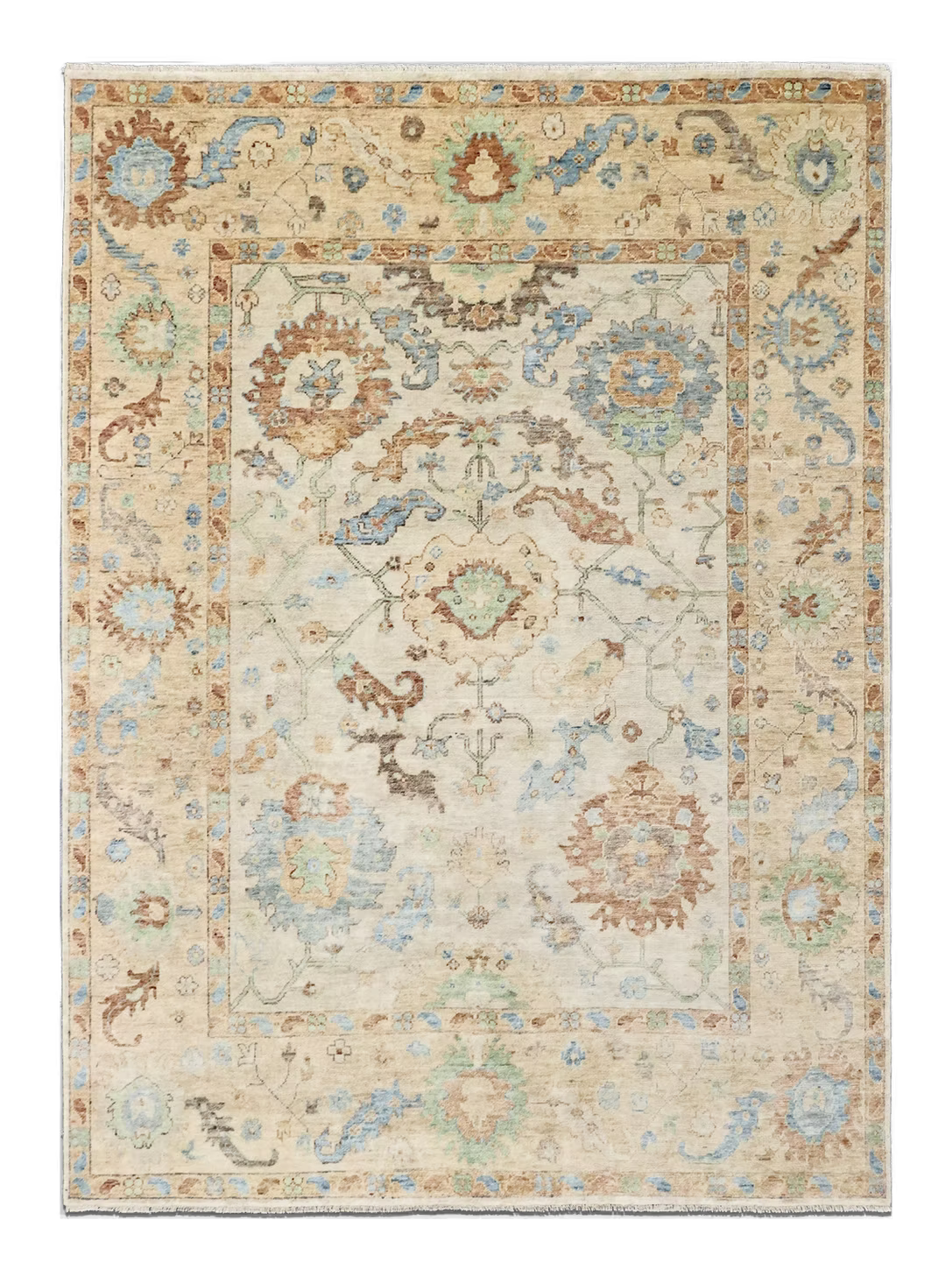 Hand-Knotted Beige Oushak Wool Carpet – Soft Floral Neutral Design