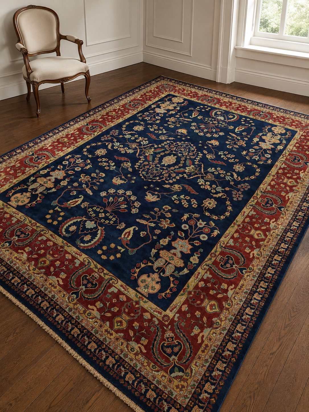Persian Sarouk Carpet in Midnight Blue & Crimson – handwoven Persian Sarouk carpet by Cavalry Lane