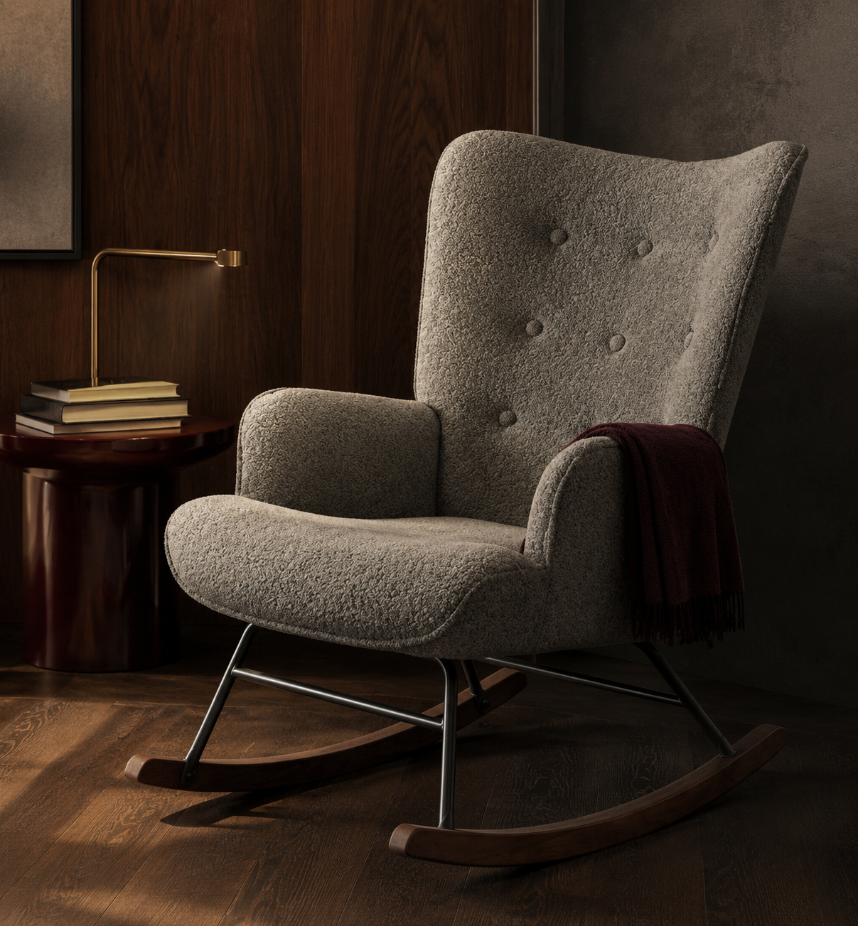 High-Back Bouclé Rocking Chair in Grey – handcrafted rocking chair by Cavalry Lane