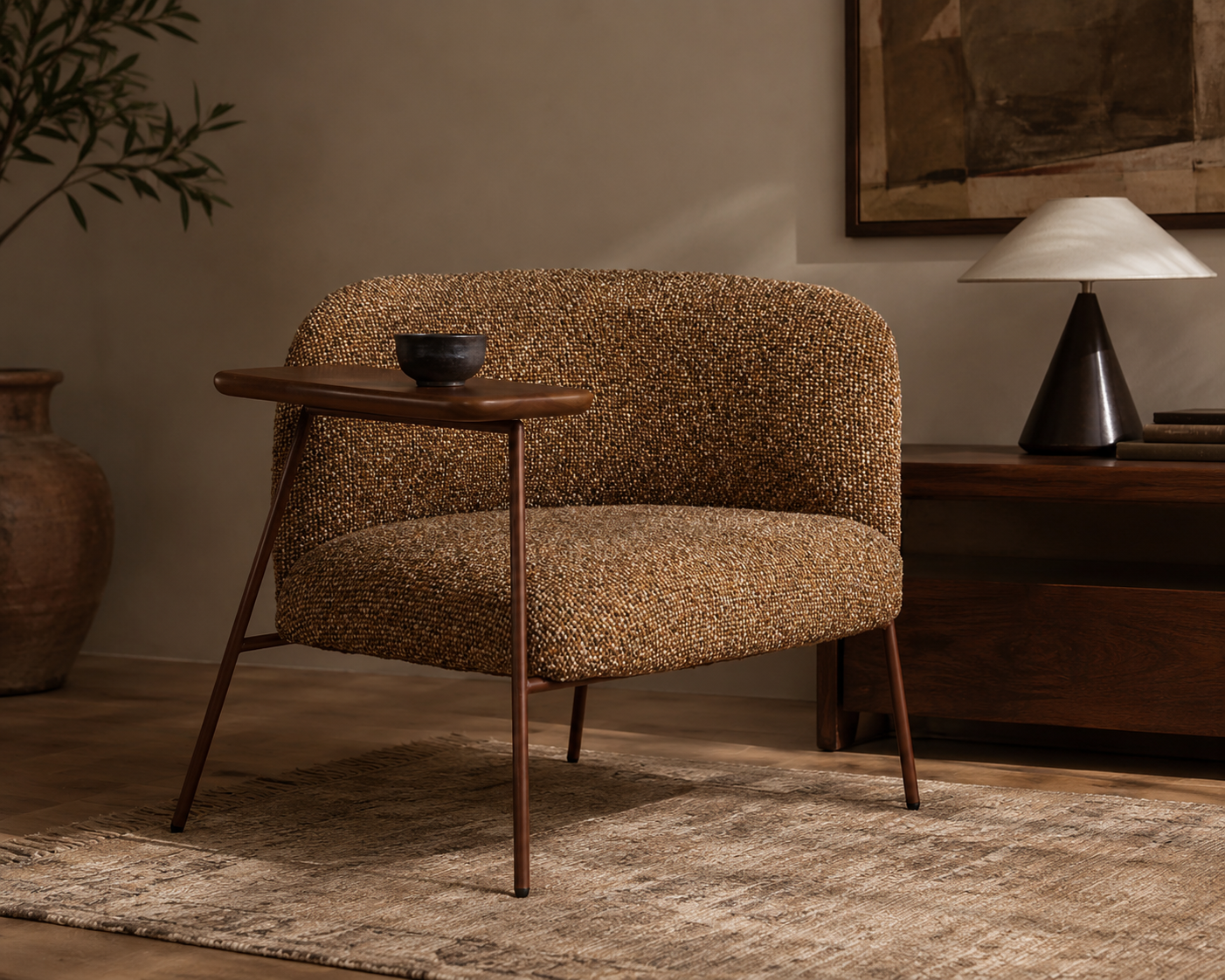 Textured Brown Armchair with Integrated Side Table – handcrafted armchair by Cavalry Lane