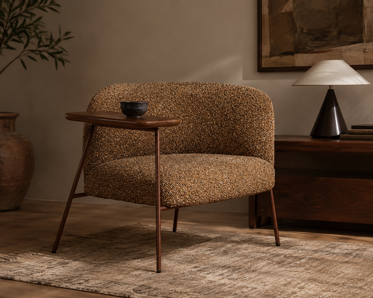 Textured Brown Armchair with Integrated Side Table – handcrafted armchair by Cavalry Lane