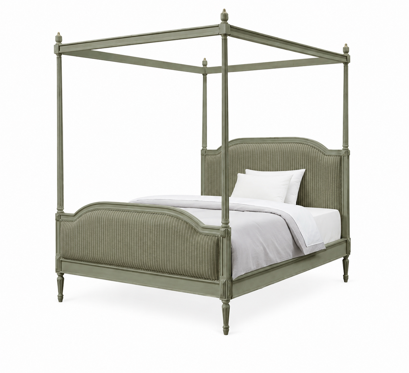 Sage Green Upholstered Canopy Acacia Wood Bed – handcrafted canopy bed by Cavalry Lane – view 2