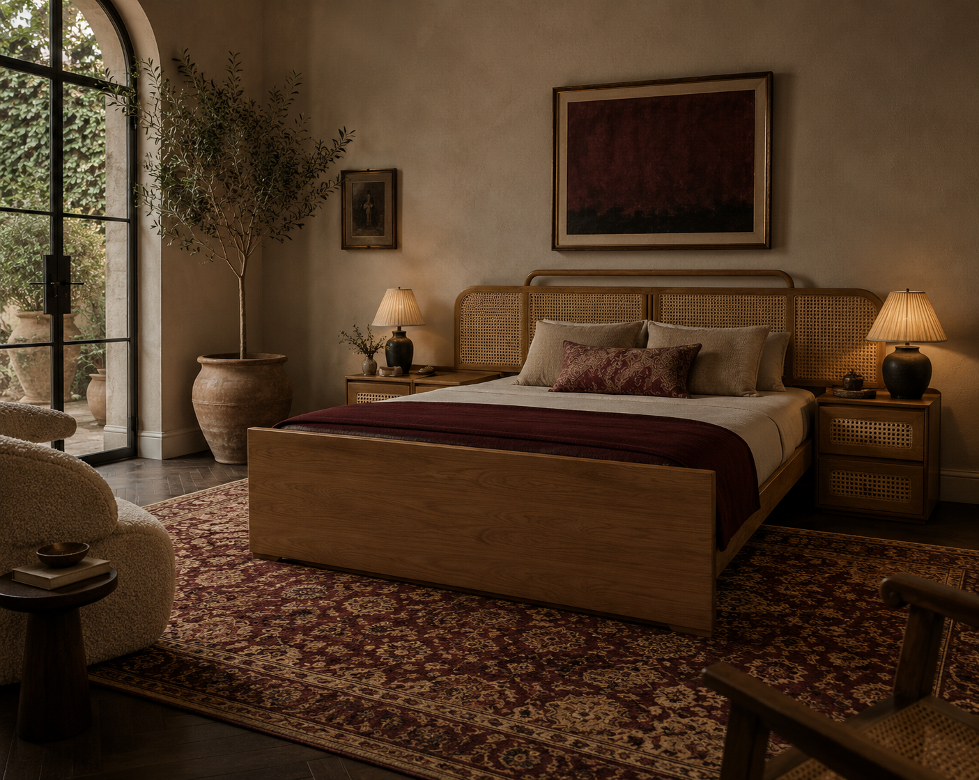 Cane Headboard Oak Bed with Curved Rail – handcrafted oak bed by Cavalry Lane