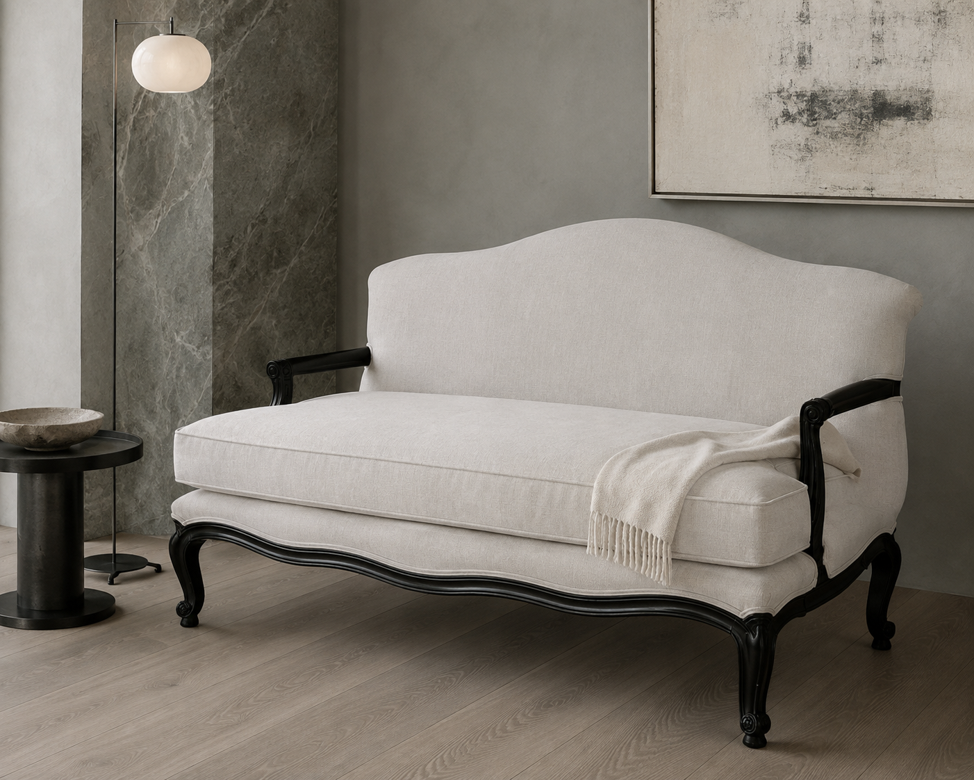 French Provincial 3-Seater Sofa in Black & White Toile – handcrafted sofa by Cavalry Lane – view 2