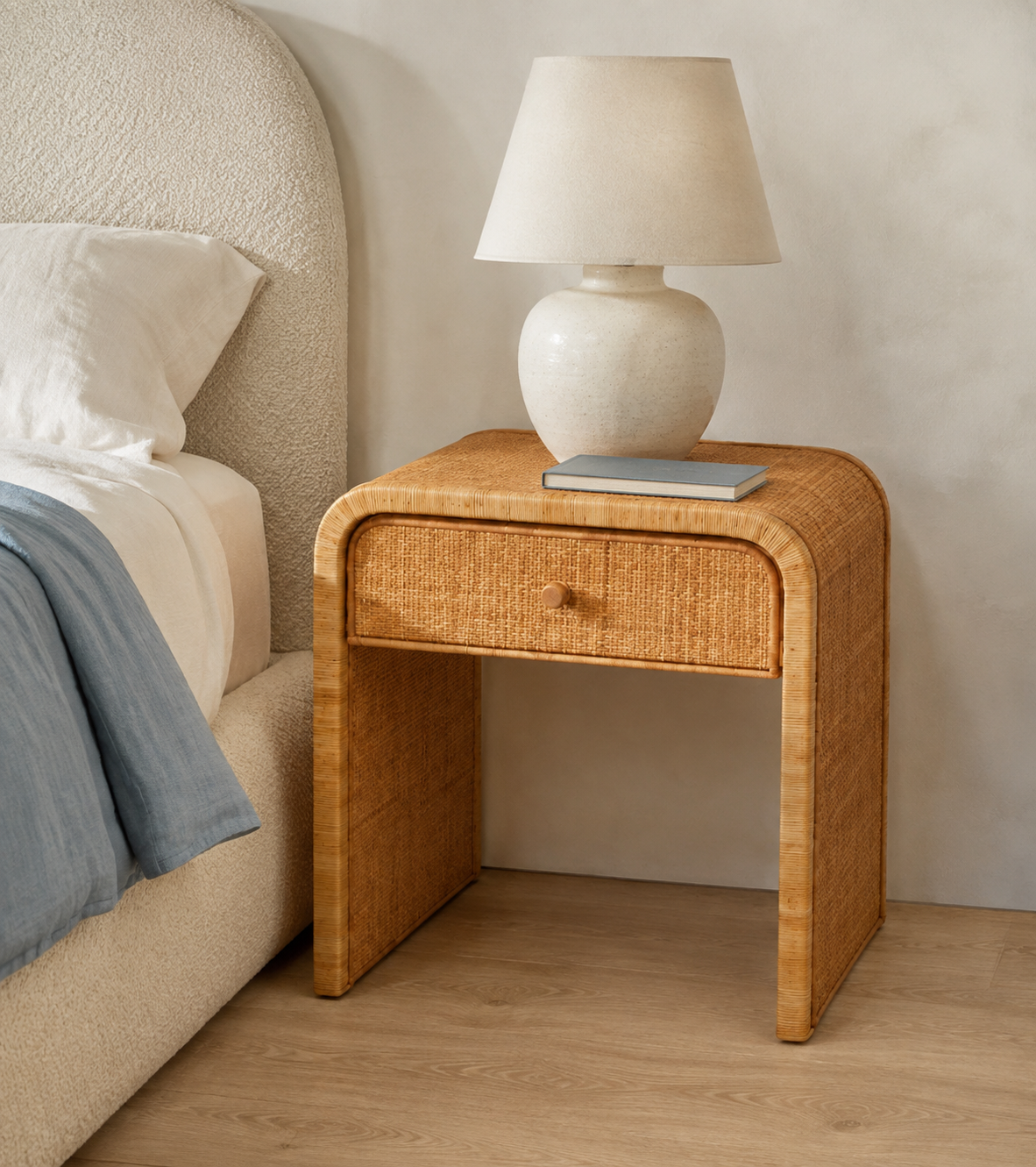 Woven Rattan Bedside Table with Drawer – handcrafted rattan bedside table by Cavalry Lane