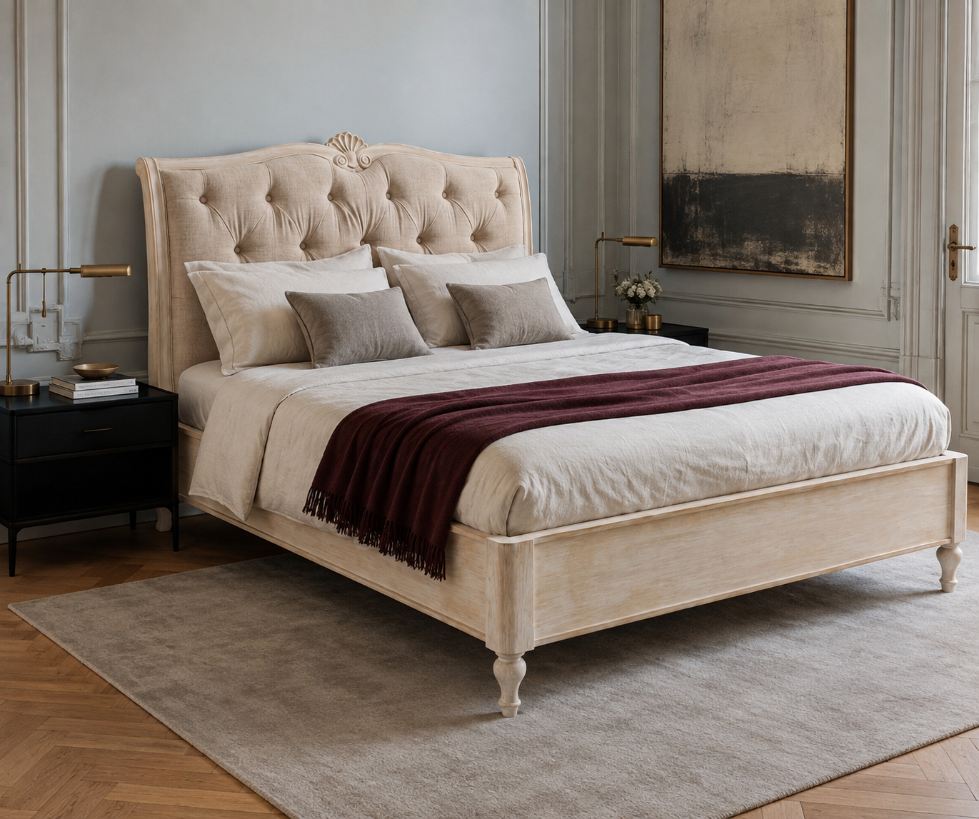 French Country Cane Bed with Scalloped Wood Frame – handcrafted cane bed by Cavalry Lane