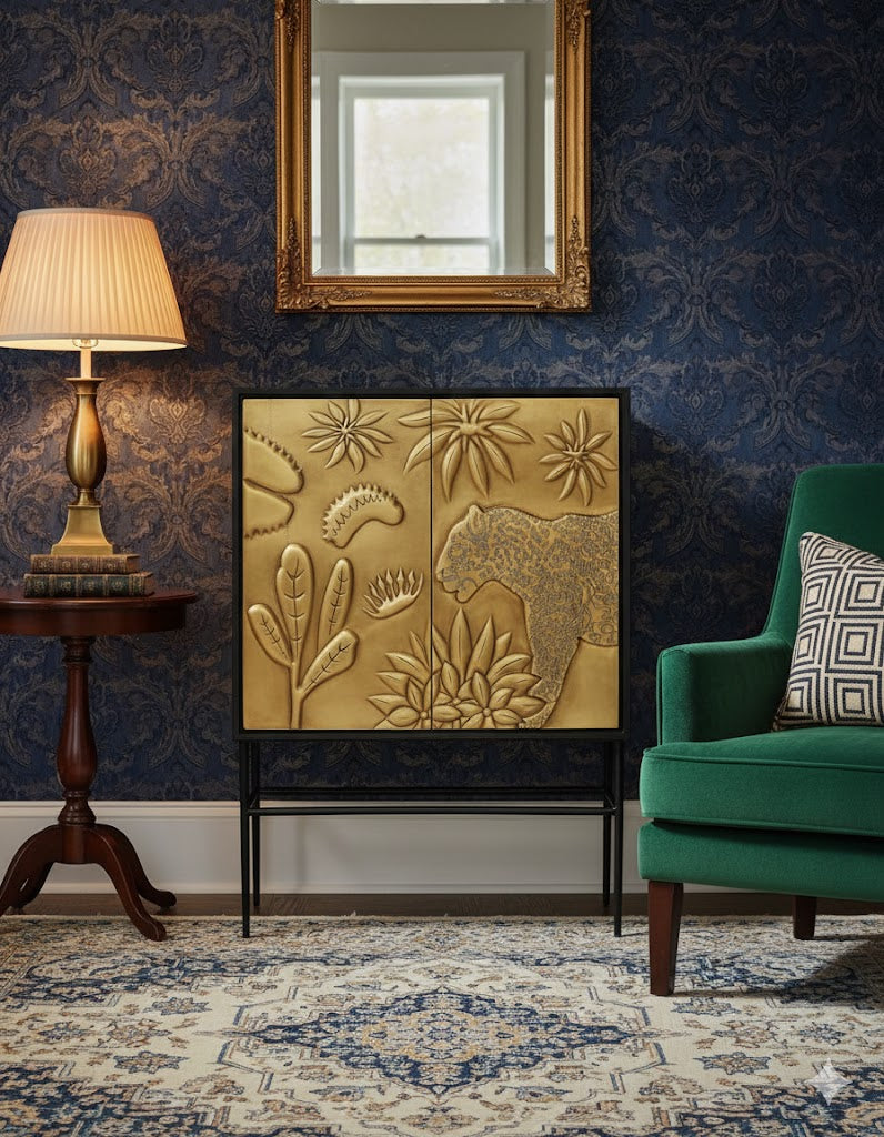 Jungle Etched Brass & Metal Bar Cabinet – handcrafted bar cabinet by Cavalry Lane