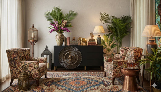 Solstice Black Wood Credenza – Hand-Carved Radial Console