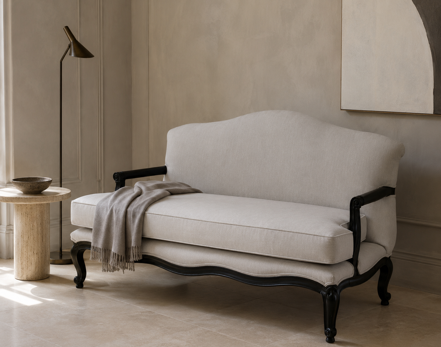 French Provincial 3-Seater Sofa in Black & White Toile – handcrafted sofa by Cavalry Lane