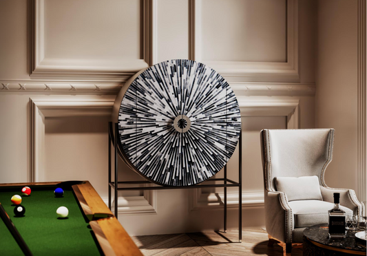 Celestial Circular Wood Cabinet – Hand-Carved Inlay Starburst Design