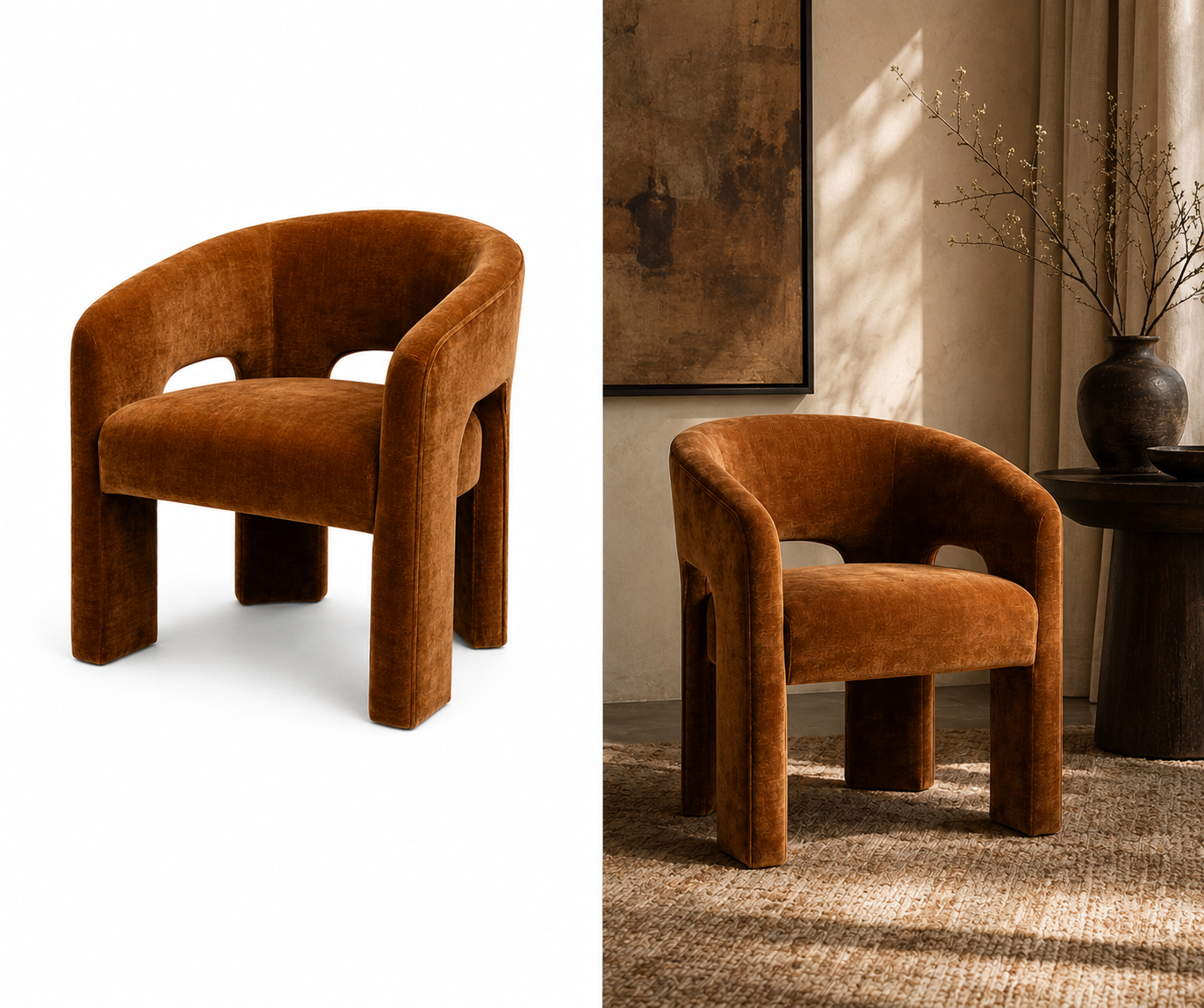 Camel Velvet Barrel Arm Chair – handcrafted arm chair by Cavalry Lane