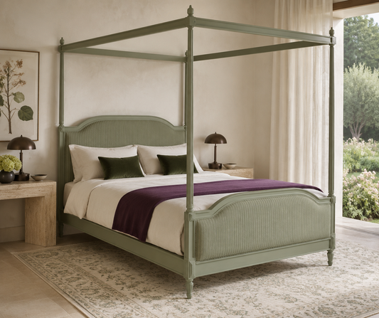 Sage Green Upholstered Canopy Acacia Wood Bed – handcrafted canopy bed by Cavalry Lane