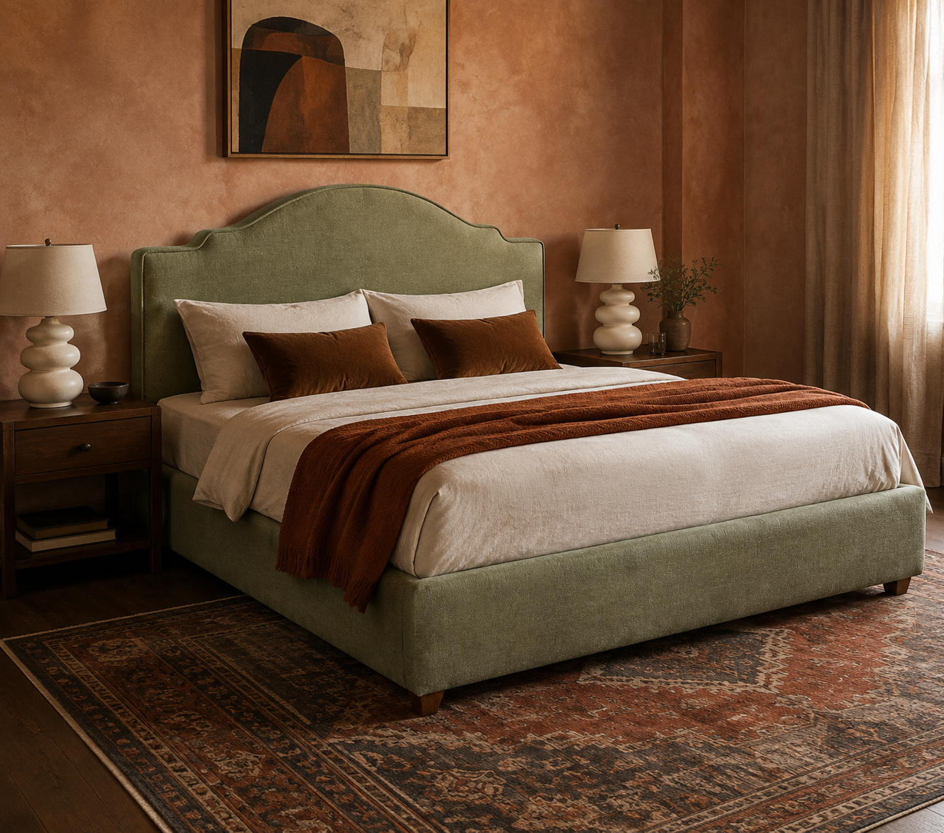 Camille Upholstered Acacia Wood Bed in Sage Green – handcrafted bed by Cavalry Lane
