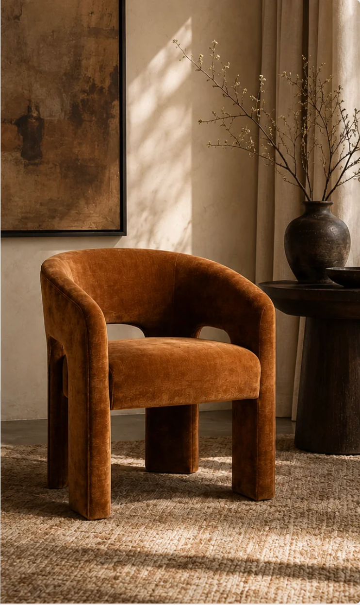 Camel Velvet Barrel Arm Chair