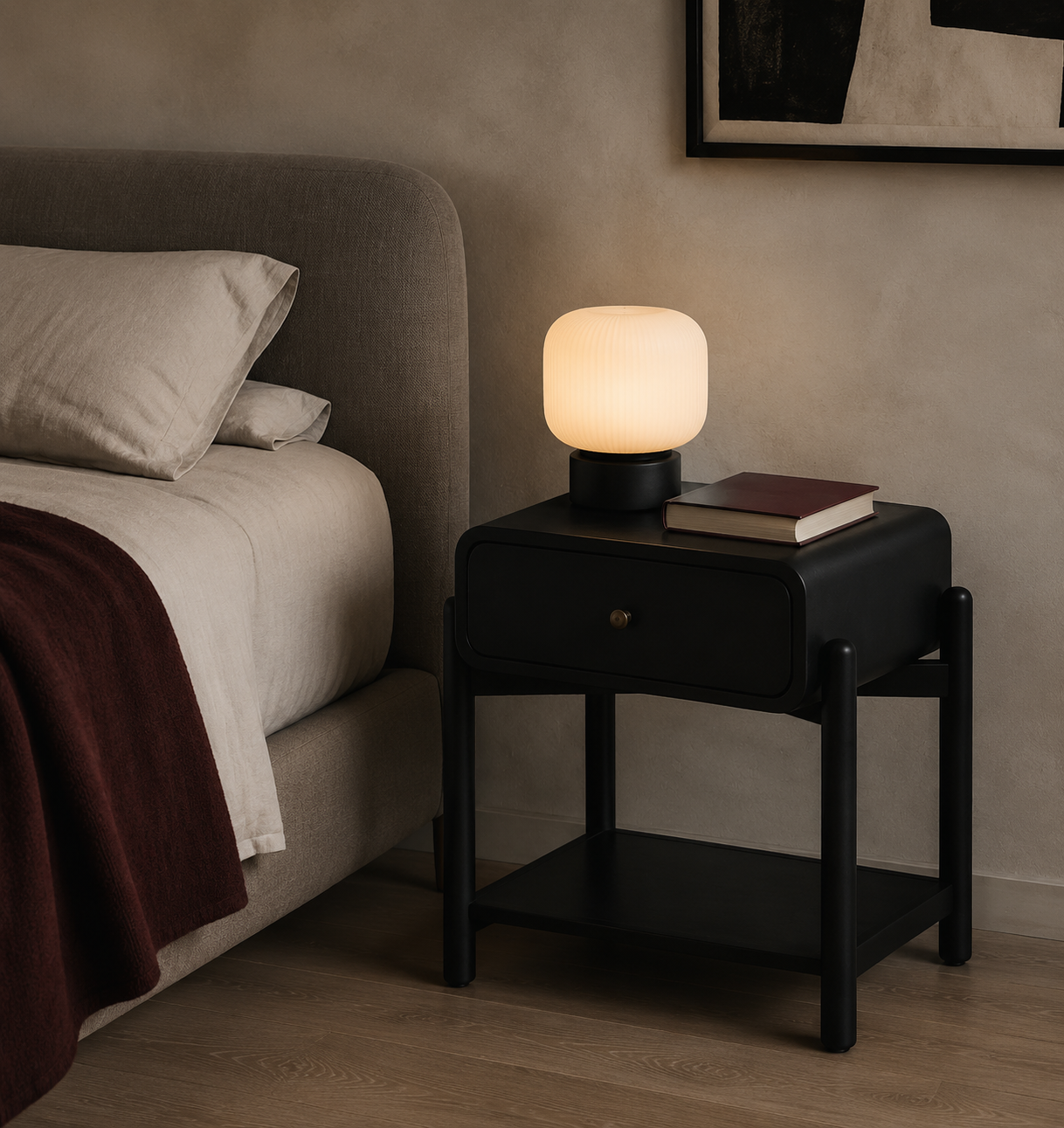 Black Curved-Edge Bedside Table with Drawer – handcrafted bedside table by Cavalry Lane