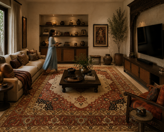 Handwoven Persian Tabriz Medallion Carpet in Ivory & Rust