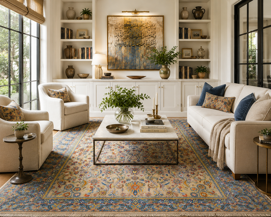 Handwoven Persian Kashan Floral Carpet in Taupe & Sapphire
