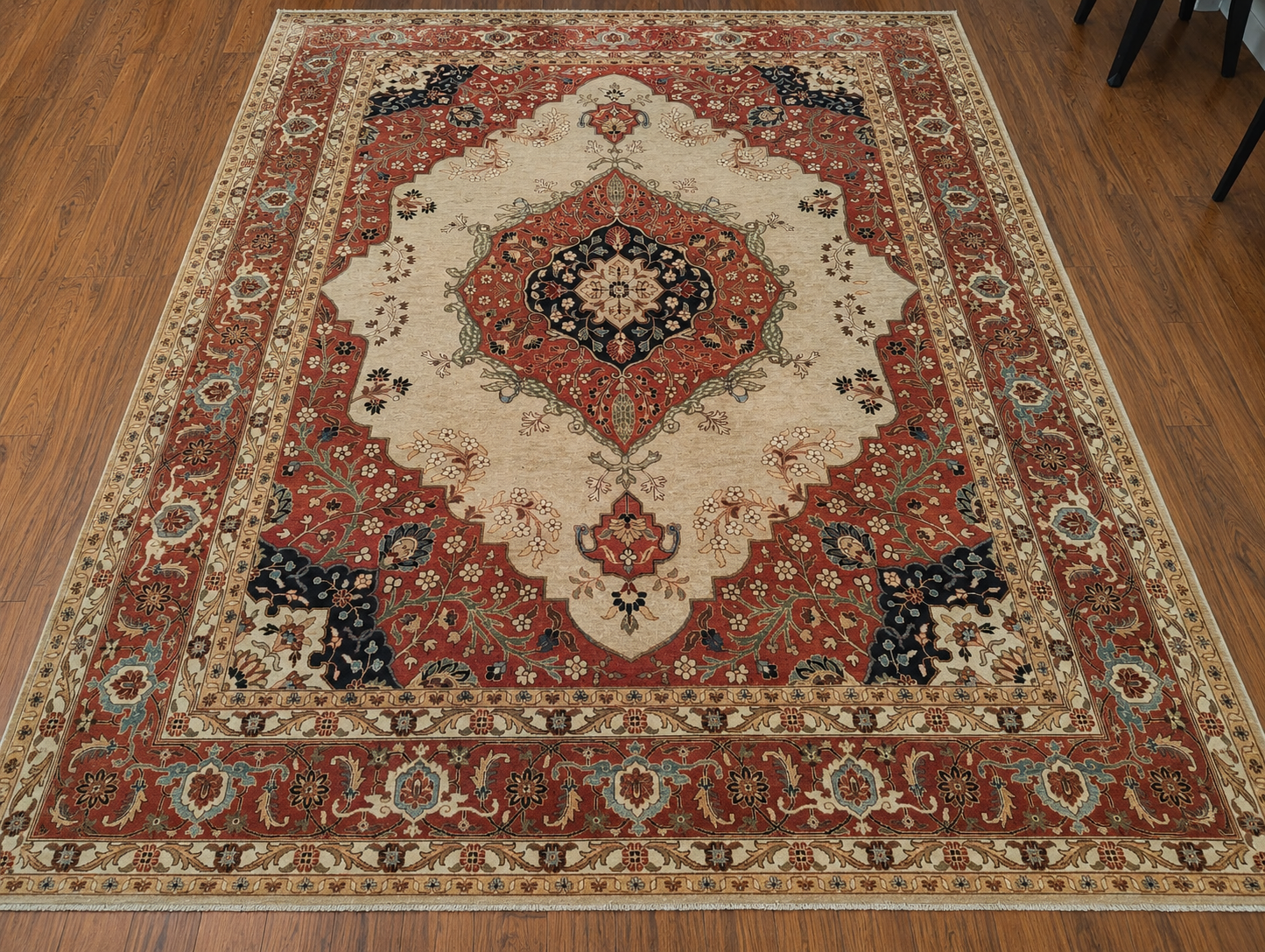 Handwoven Persian Tabriz Medallion Carpet in Ivory & Rust