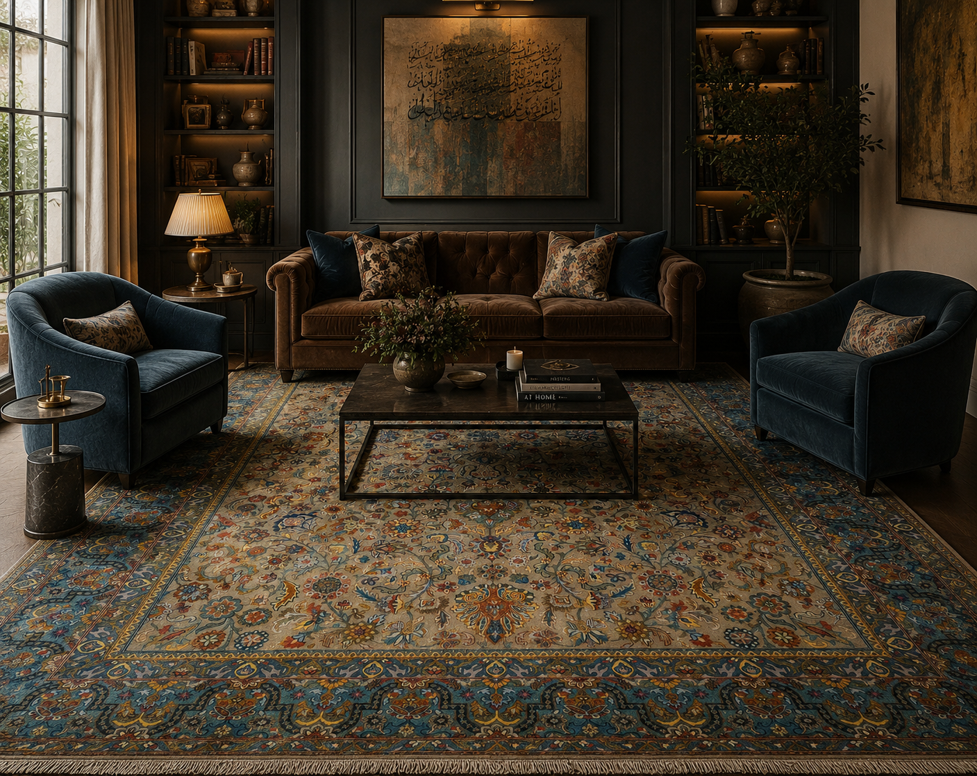 Handwoven Persian Kashan Floral Carpet in Taupe & Sapphire