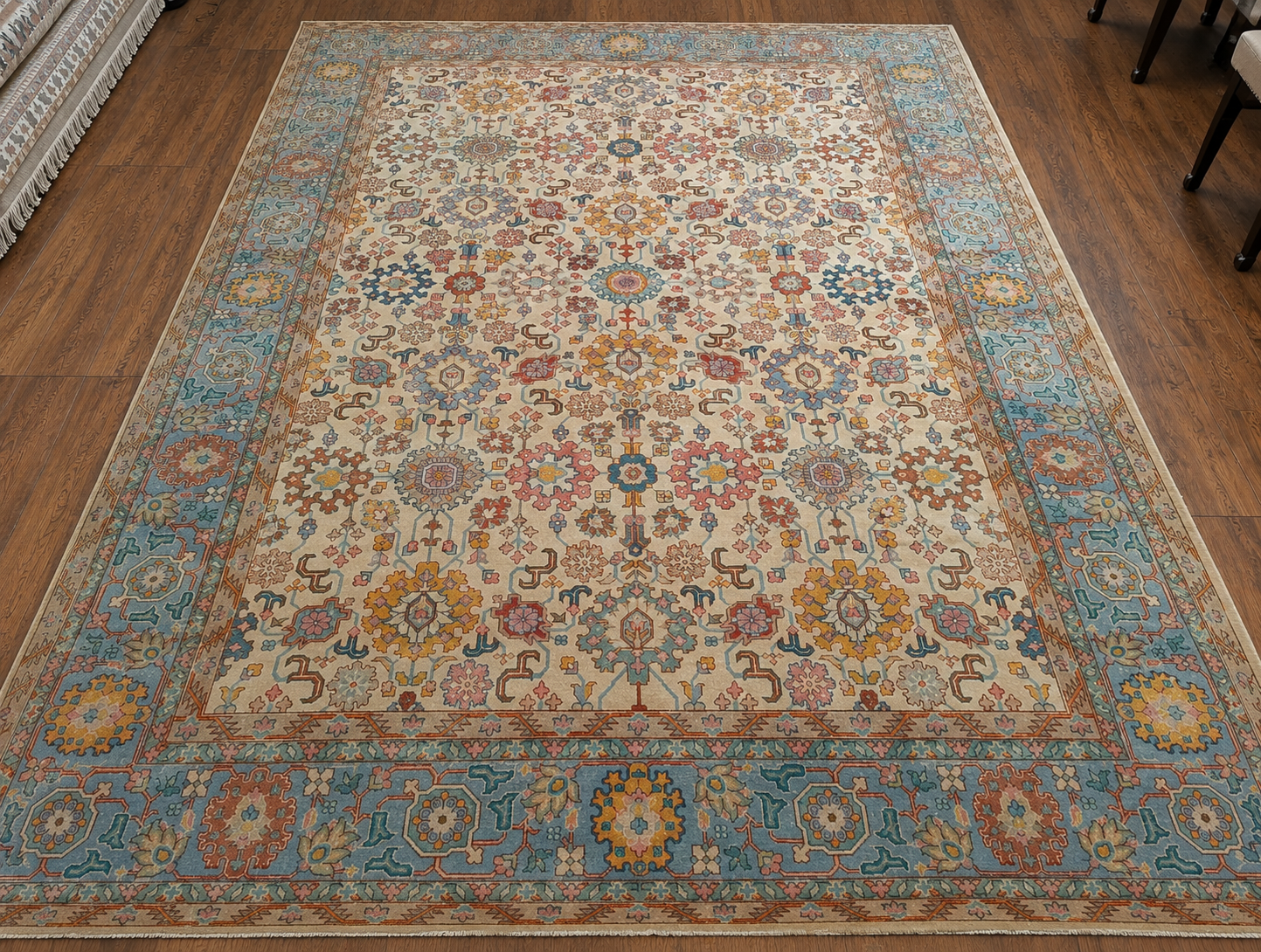Handwoven Persian Heriz Carpet in Ivory, Sky Blue & Saffron