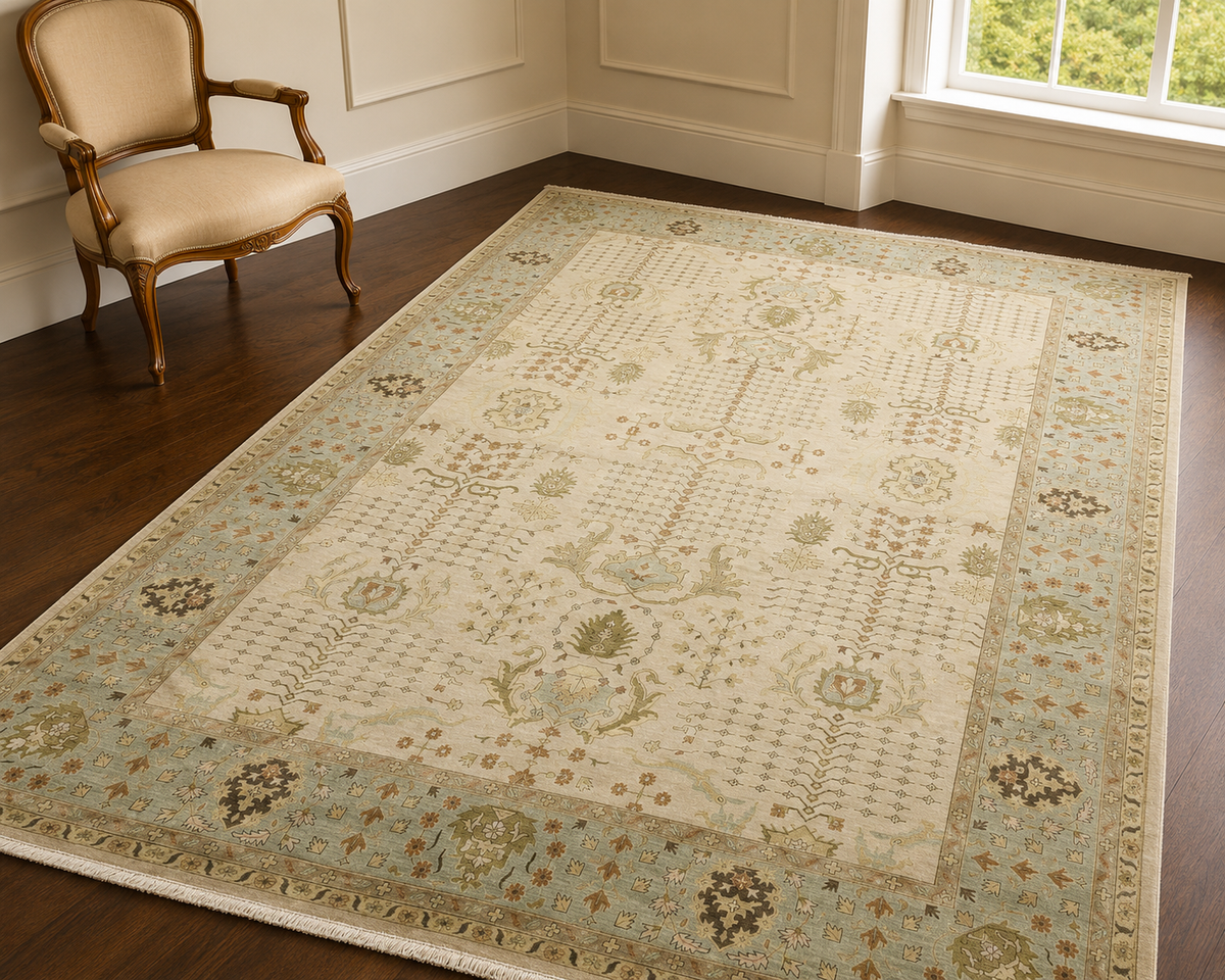 Handwoven Oushak Style Wool Carpet in Ivory & Sage – hand-knotted Oushak rug by Cavalry Lane