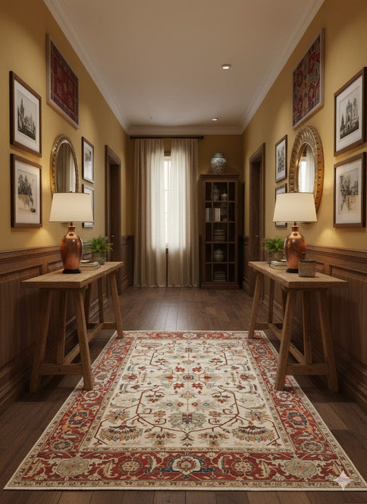 Hand-Knotted Persian Heriz Wool Carpet – Ivory & Rust | Cavalry Lane