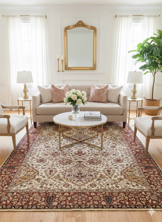 Hand-Knotted Ivory & Red Persian Carpet – Timeless Collectible