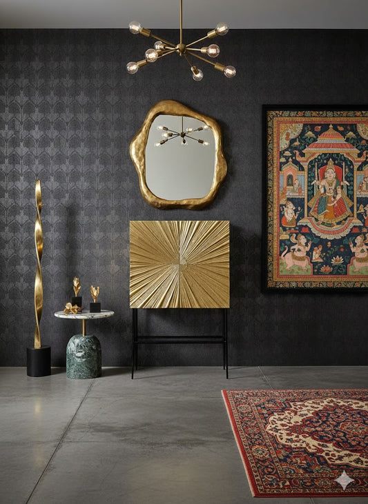 Handcrafted Starburst Brass Console Cabinet