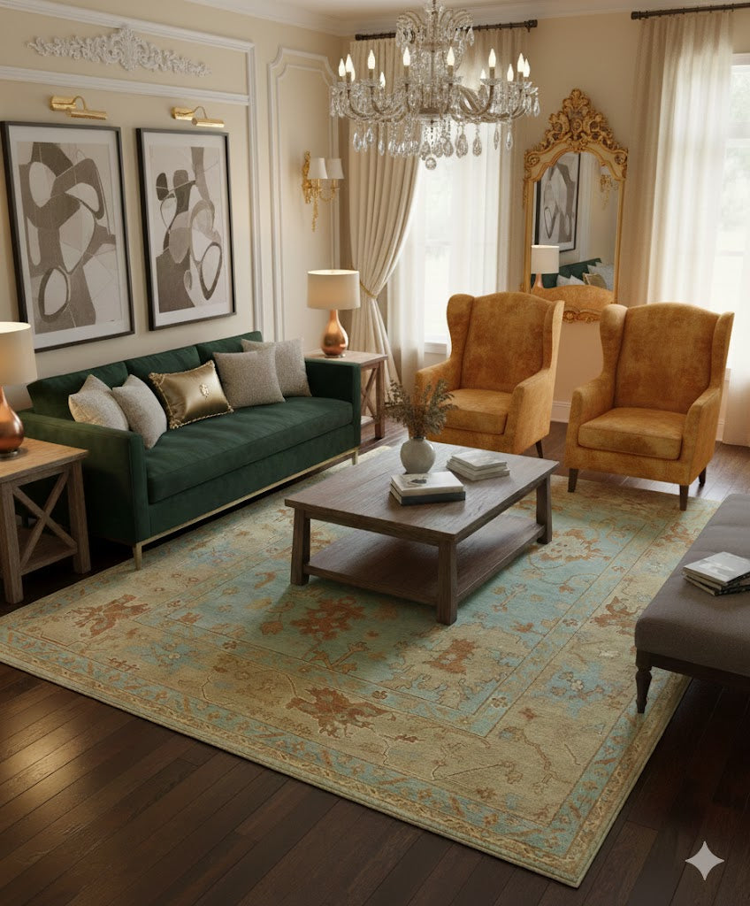 Hand-Knotted Persian Oushak Carpet – Aqua Blue & Sand – hand-knotted Oushak rug by Cavalry Lane
