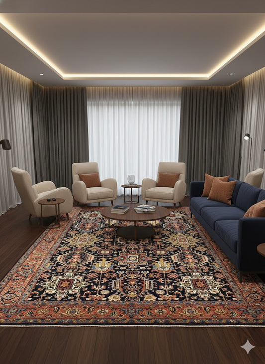 Persian Wool Carpet Deep Navy Kazak Design