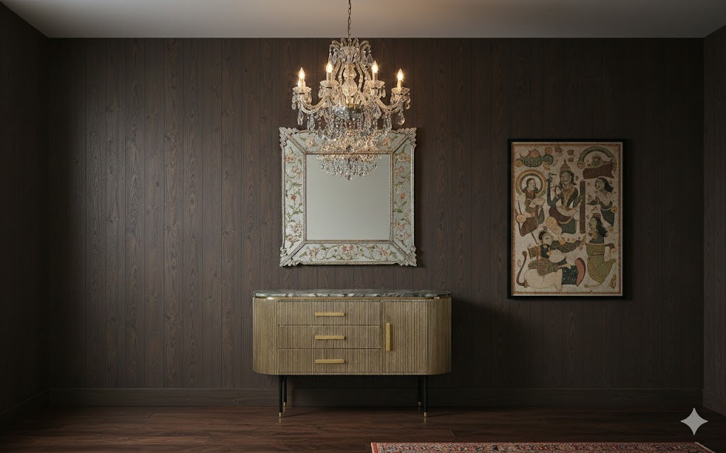 Fluted Wooden Sideboard with Marble Top