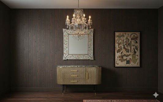 Fluted Wooden Sideboard with Marble Top