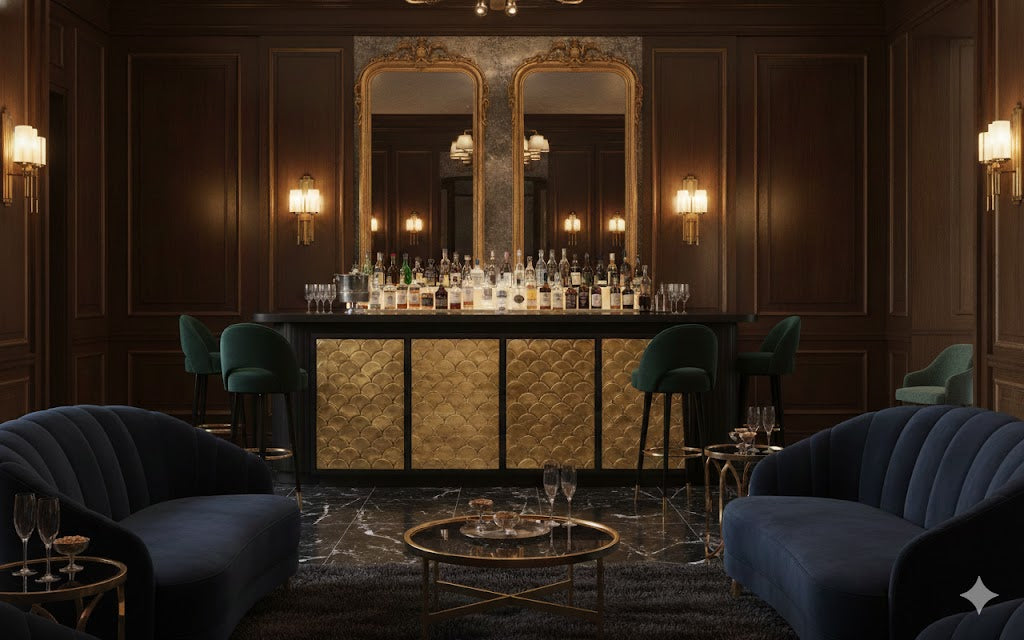 Scallop Handcrafted Brass-Etched Wooden Bar Console – handcrafted bar cabinet by Cavalry Lane