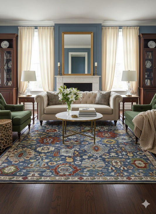 Persian Wool Carpet – Multicolour Motif on Deep Blue Ground