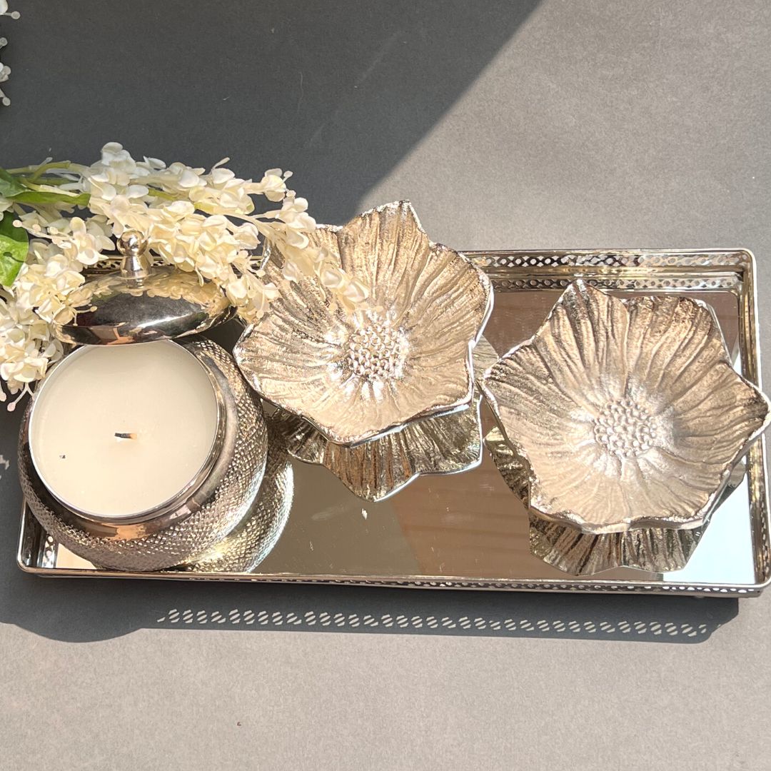Silver Poppy & Candle Tray Set
