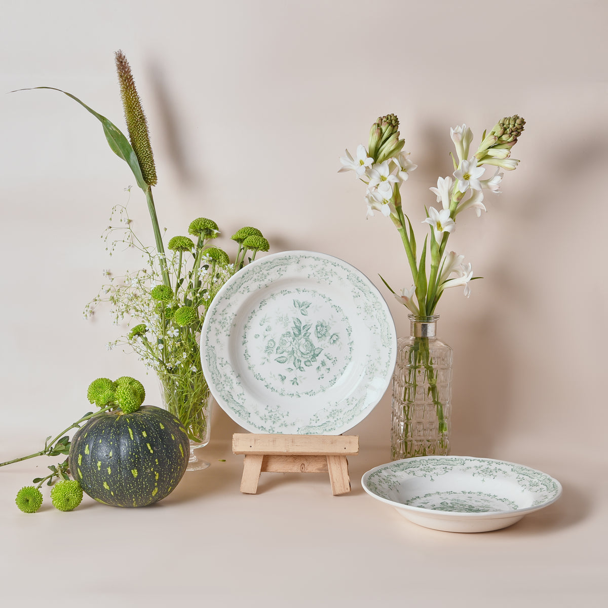 Camille Green Pasta Bowl Set – floral earthenware tableware by Cavalry Lane