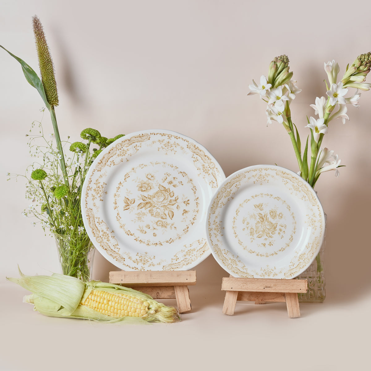 Camille Yellow Dinner + Side Plate Set – floral earthenware tableware by Cavalry Lane
