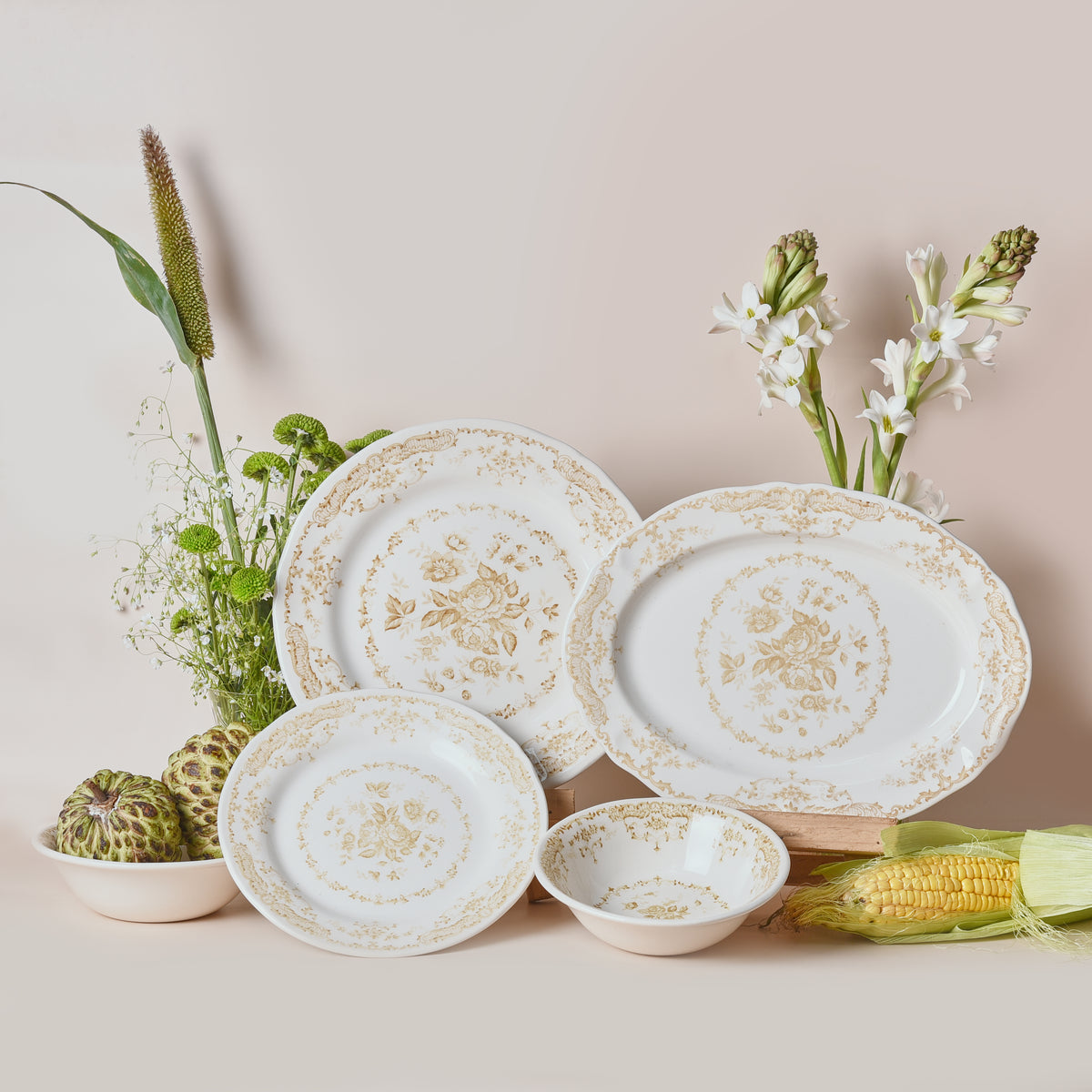 Camille Yellow Dinner + Side Plate Set – floral earthenware tableware by Cavalry Lane – view 3