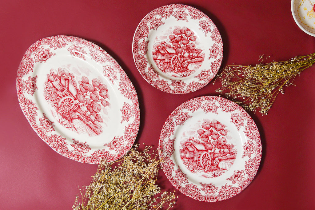 Waterwheel Cranberry Dinner Plates – hand-painted tableware by Cavalry Lane – view 2